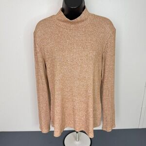41 Hawthorn Top Womens XL Mock Neck Ribbed Knit Tan Long Sleeve Button Cuff